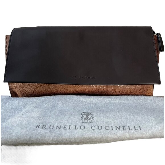Brunello Cucinelli Leather Clutch Colorblock Brown Tan NWT - Picture 1 of 16